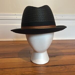 Bailey Cool Classic Black Straw Fedora with Red and Gold Striped Band
